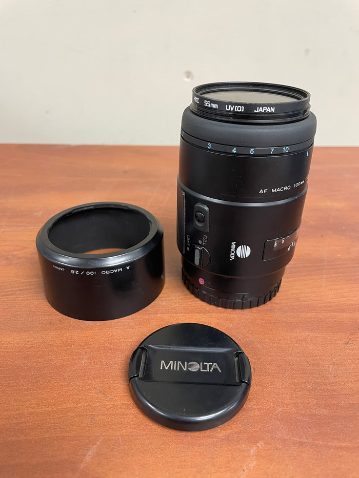 Minolta 100mm f2.8 AF MACRO Sony A-Mount Lens w/Hood JAPAN