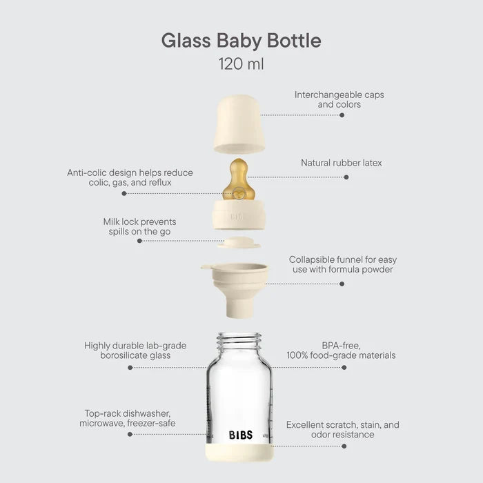 BIBS Baby Bottles BIBS Baby Glass Bottle Latex (120ml), Slow Flow - Ivory
