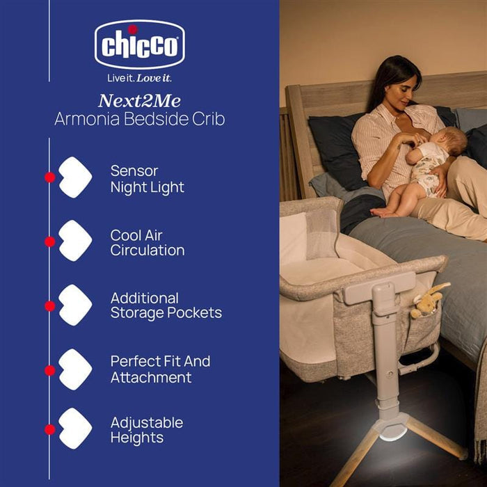 Chicco Cribs Chicco Next2Me Armonia Bedside Crib (with Motion Sensor Light) - Scandinavian