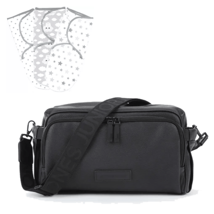 Junior Jones Organiser Junior Jones Essentials Changing / Organiser Bag with Swaddles ( 3Pack) - Black Faux Leather