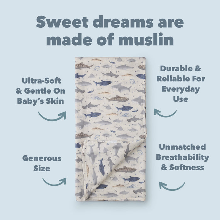 Loulou Lollipop Swaddle Loulou Lollipop Muslin Swaddle - Smiley Sharks