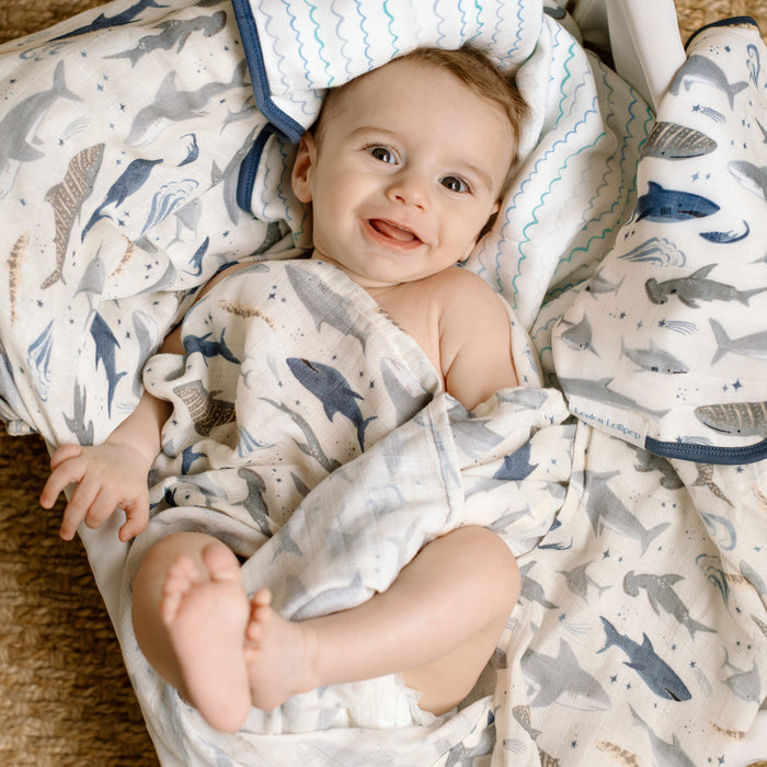 Loulou Lollipop Swaddle Loulou Lollipop Muslin Swaddle - Smiley Sharks
