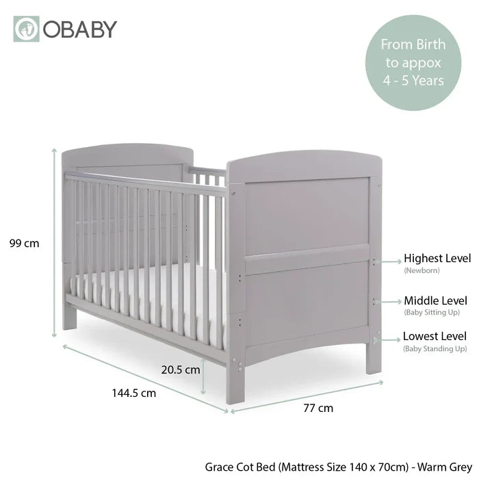 OBABY Cot Beds Obaby Grace Cot Bed - Warm Grey