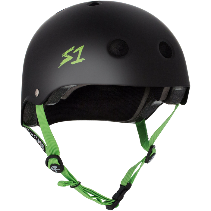 S1 Lifer Helmet - Matte Black with Green Straps | Adult Skate Helmets from S-One