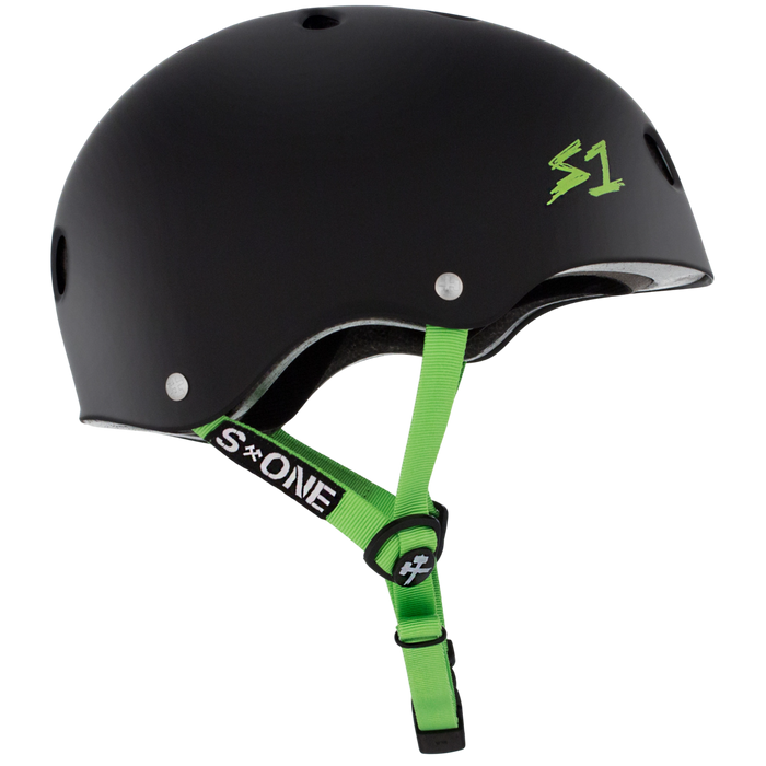 S1 Lifer Helmet - Matte Black with Green Straps | Adult Skate Helmets from S-One