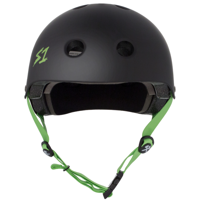S1 Lifer Helmet - Matte Black with Green Straps | Adult Skate Helmets from S-One