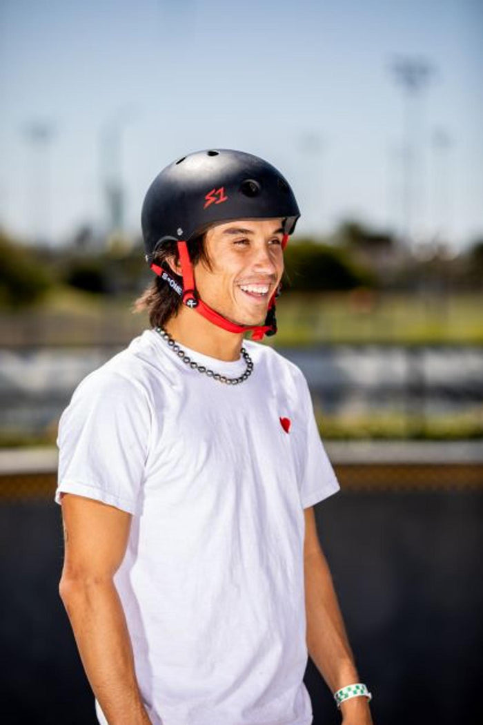 S1 Lifer Helmet - Matte Black with Red Straps | Adult Skate Helmets from S-One